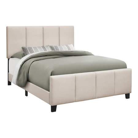 Monarch Specialties Bed, Queen Size, Platform, Bedroom, Frame, Upholstered, Linen Look, Wood Legs, Beige, Black I 6026Q